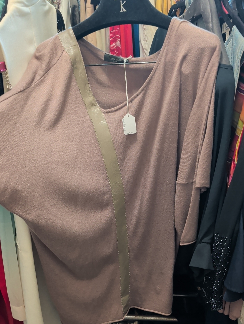 Lloyd Klein Cashmere & Leather Mauve-Taupe Knit Tunic with Contrast Stripe